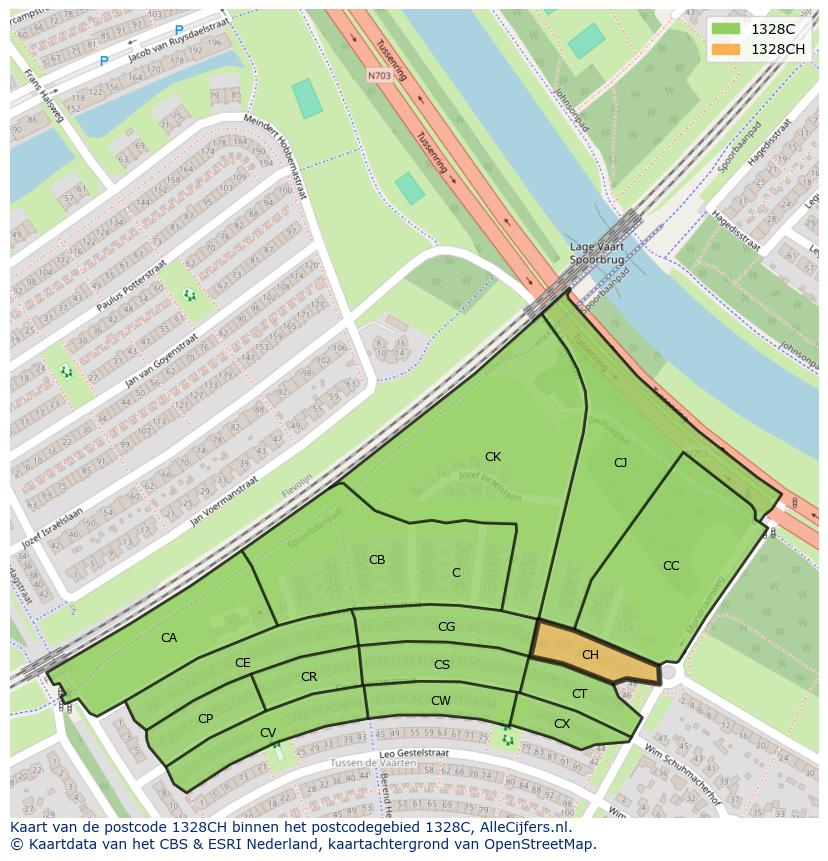 Afbeelding van het postcodegebied 1328 CH op de kaart.