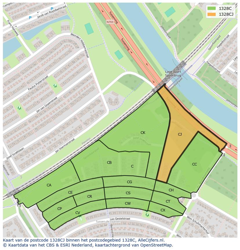 Afbeelding van het postcodegebied 1328 CJ op de kaart.