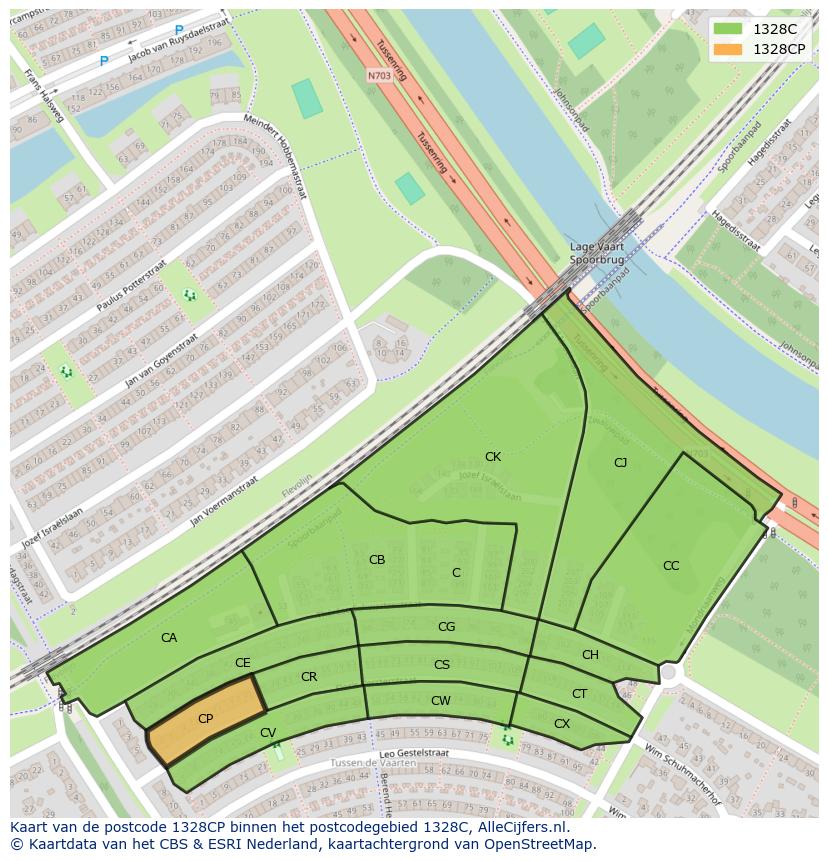 Afbeelding van het postcodegebied 1328 CP op de kaart.