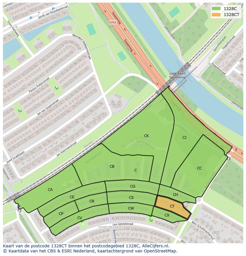 Afbeelding van het postcodegebied 1328 CT op de kaart.