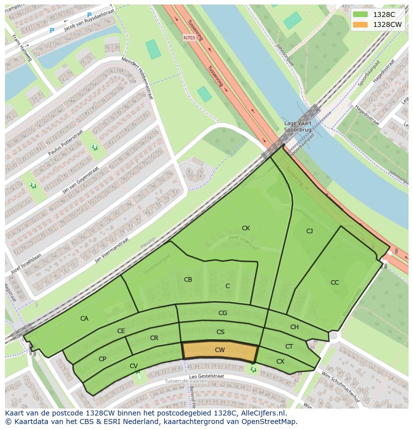 Afbeelding van het postcodegebied 1328 CW op de kaart.