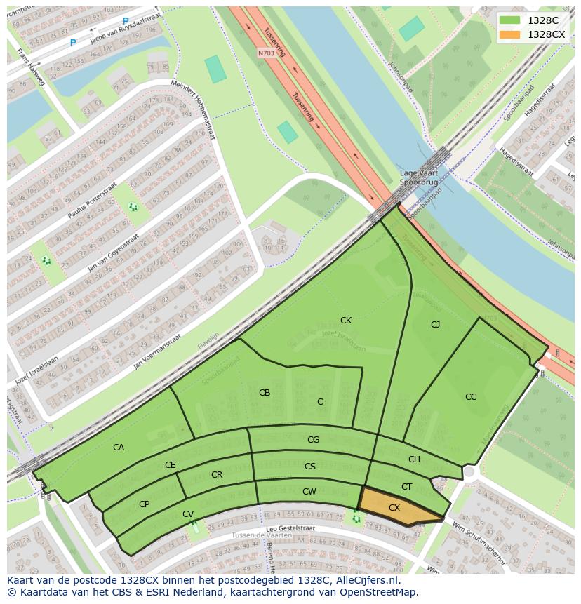 Afbeelding van het postcodegebied 1328 CX op de kaart.