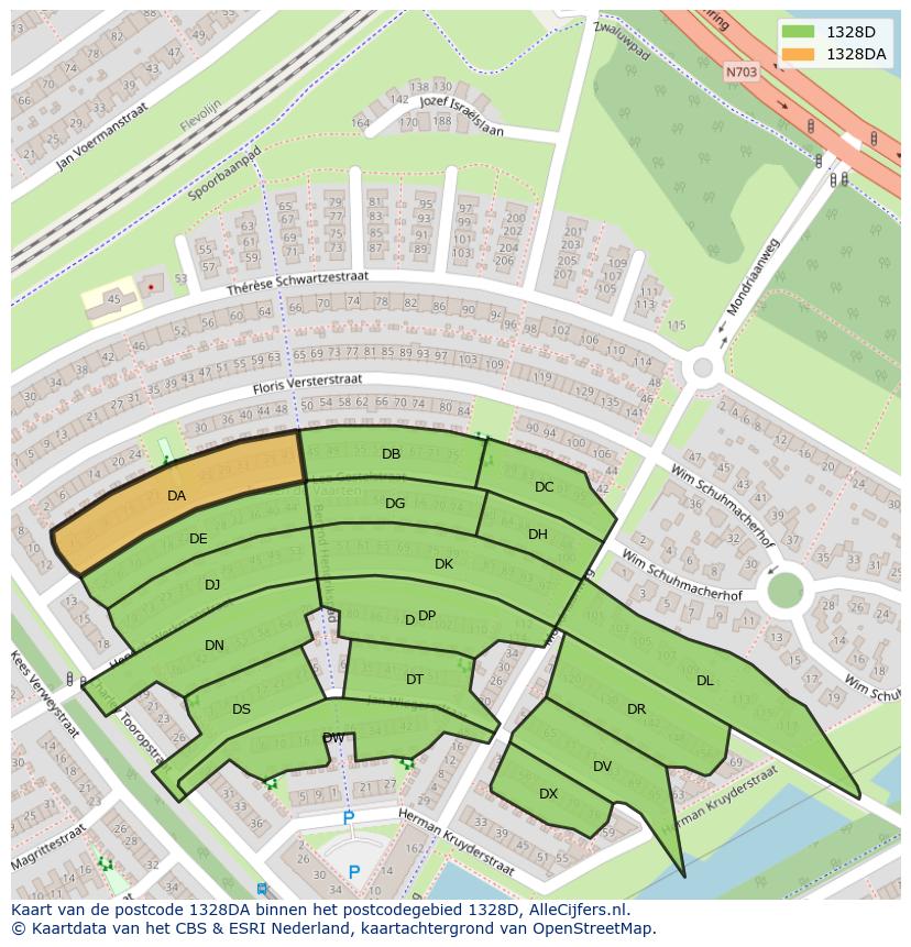 Afbeelding van het postcodegebied 1328 DA op de kaart.