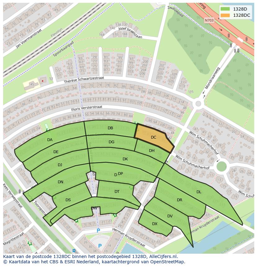 Afbeelding van het postcodegebied 1328 DC op de kaart.