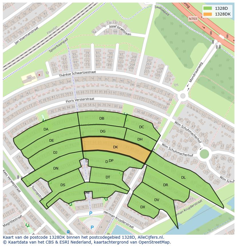 Afbeelding van het postcodegebied 1328 DK op de kaart.