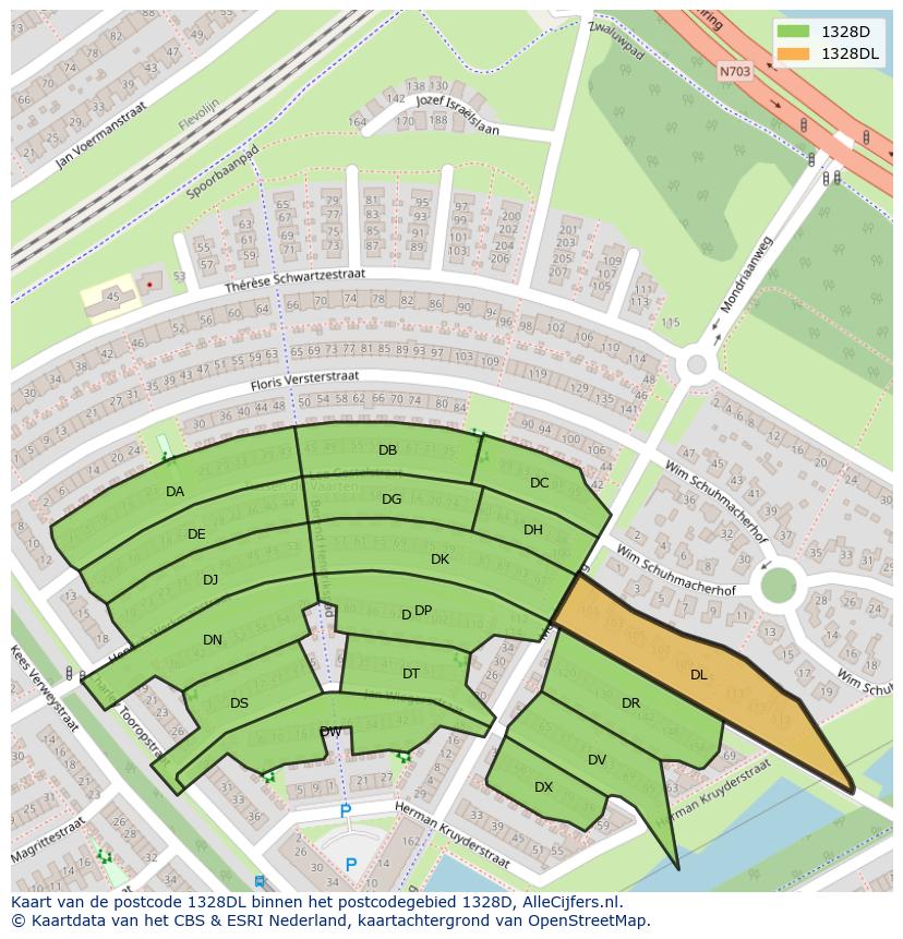 Afbeelding van het postcodegebied 1328 DL op de kaart.