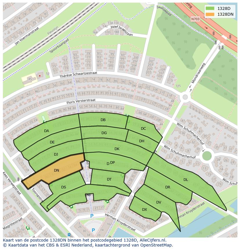 Afbeelding van het postcodegebied 1328 DN op de kaart.