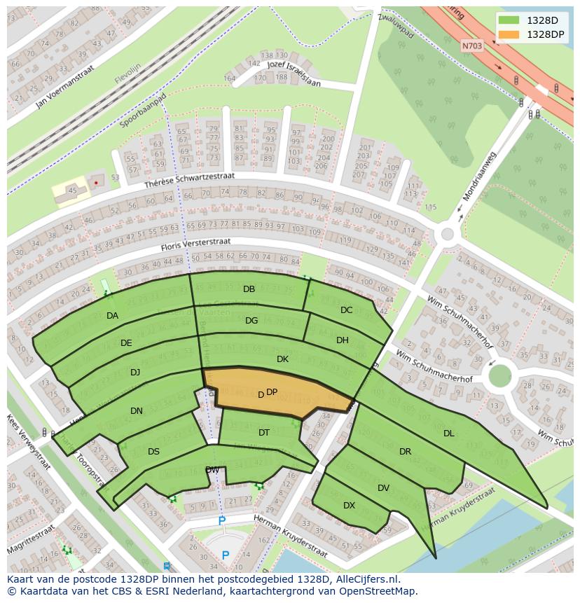 Afbeelding van het postcodegebied 1328 DP op de kaart.