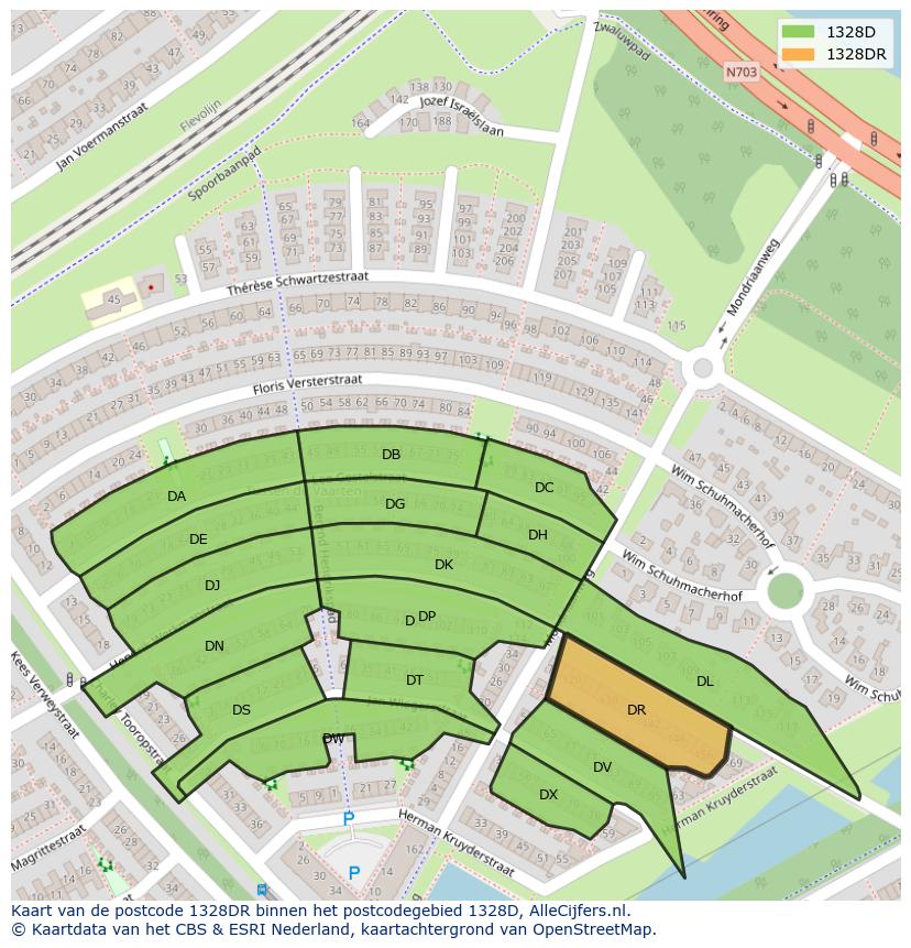Afbeelding van het postcodegebied 1328 DR op de kaart.