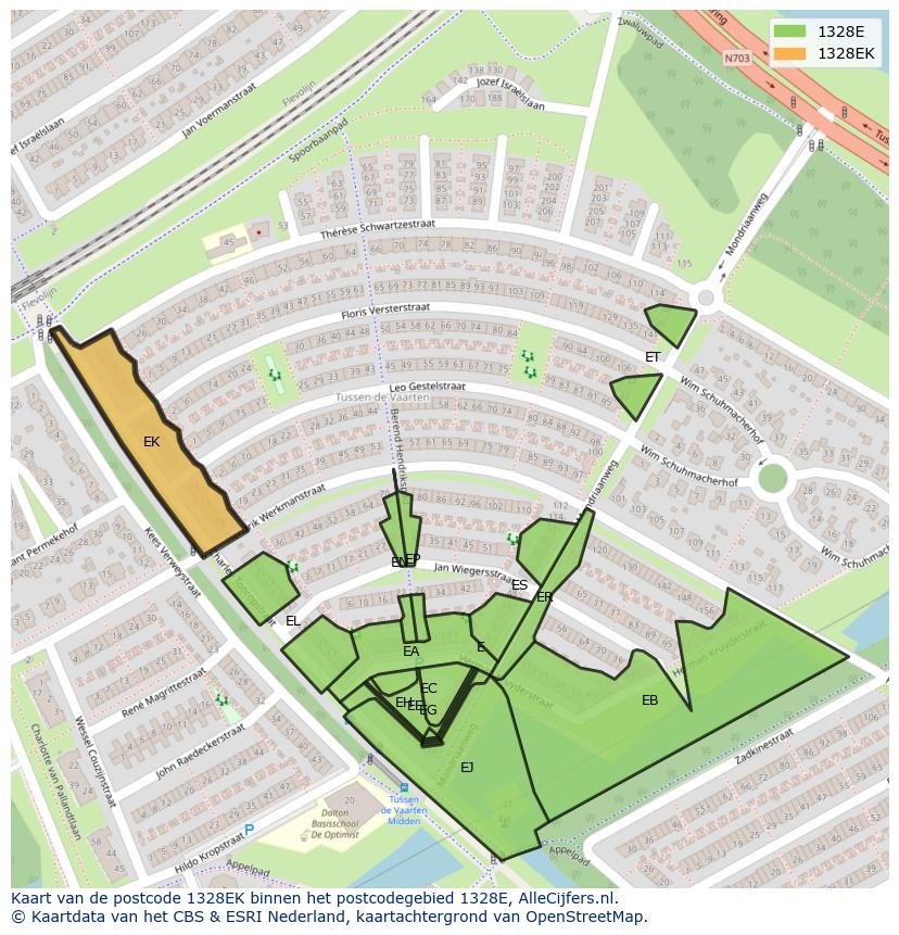 Afbeelding van het postcodegebied 1328 EK op de kaart.