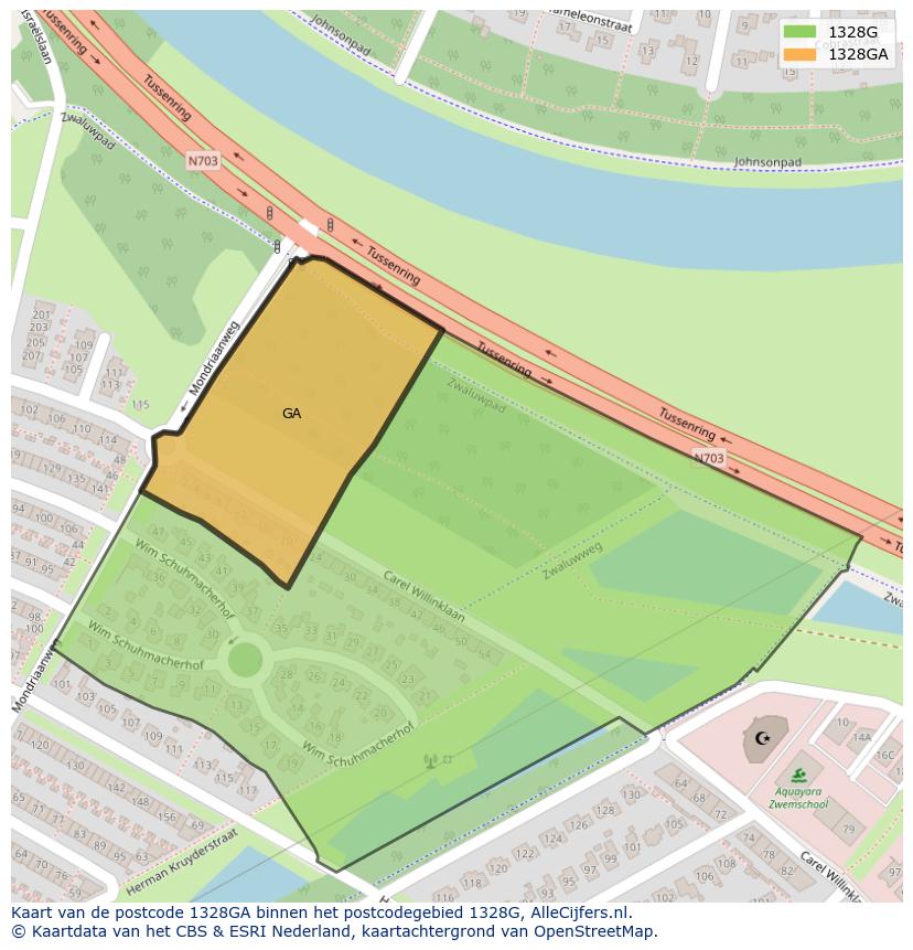 Afbeelding van het postcodegebied 1328 GA op de kaart.