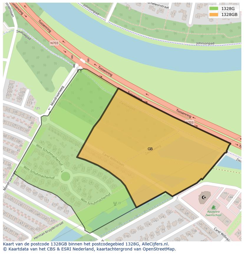 Afbeelding van het postcodegebied 1328 GB op de kaart.