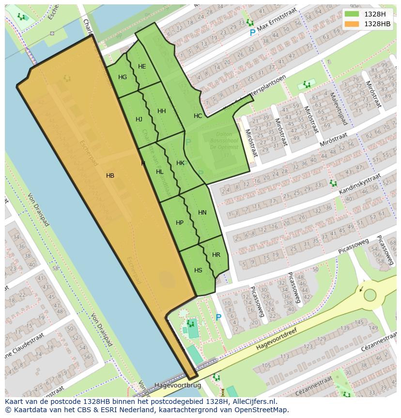 Afbeelding van het postcodegebied 1328 HB op de kaart.