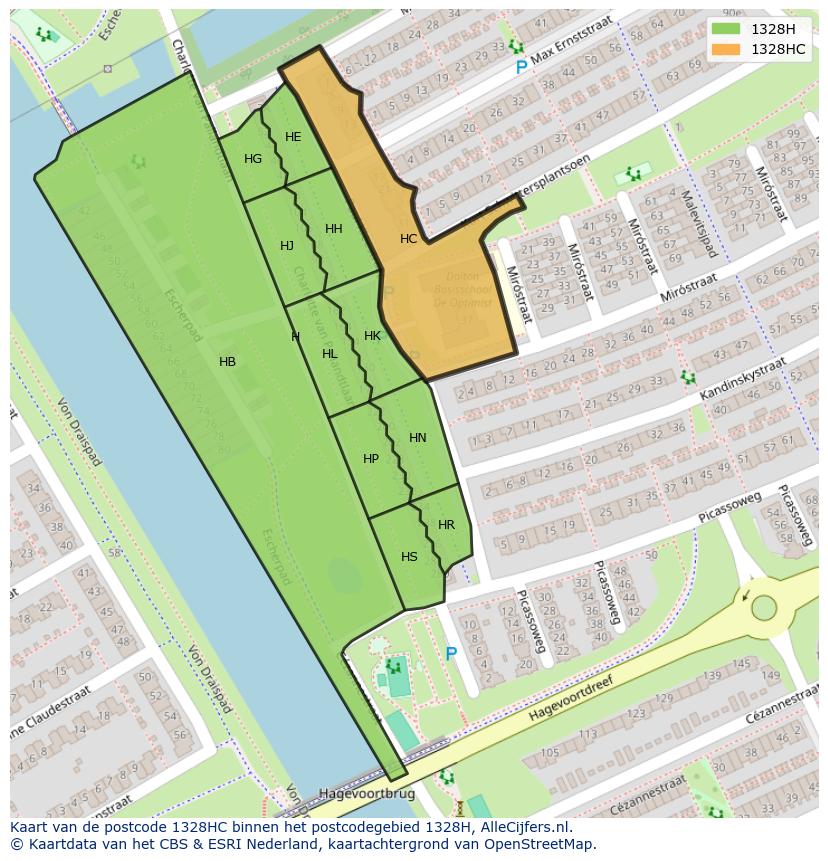 Afbeelding van het postcodegebied 1328 HC op de kaart.