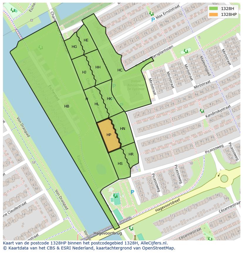 Afbeelding van het postcodegebied 1328 HP op de kaart.