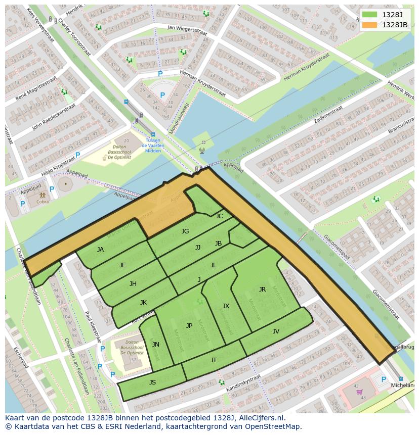 Afbeelding van het postcodegebied 1328 JB op de kaart.