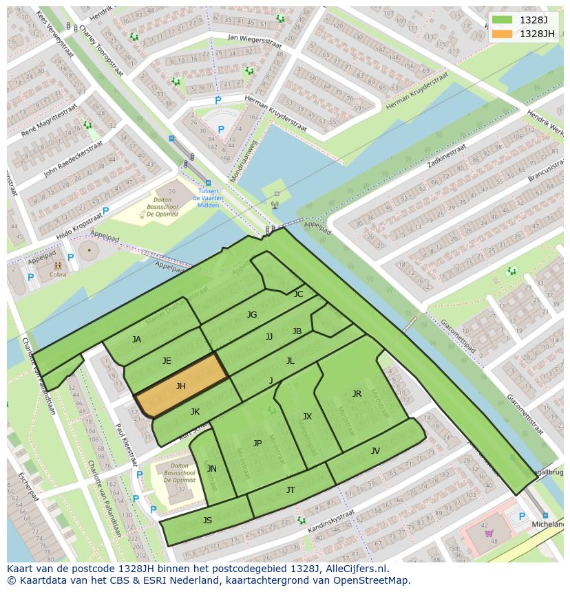 Afbeelding van het postcodegebied 1328 JH op de kaart.