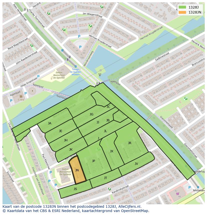 Afbeelding van het postcodegebied 1328 JN op de kaart.
