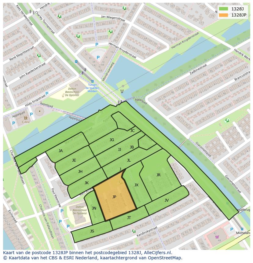 Afbeelding van het postcodegebied 1328 JP op de kaart.