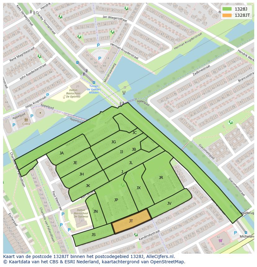 Afbeelding van het postcodegebied 1328 JT op de kaart.