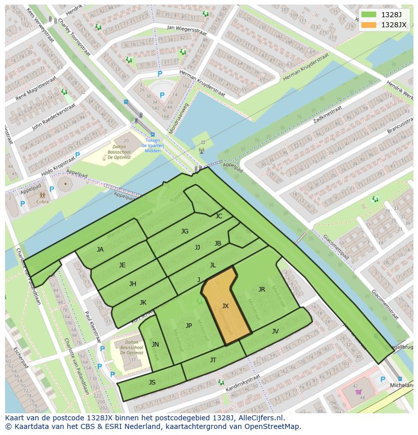 Afbeelding van het postcodegebied 1328 JX op de kaart.