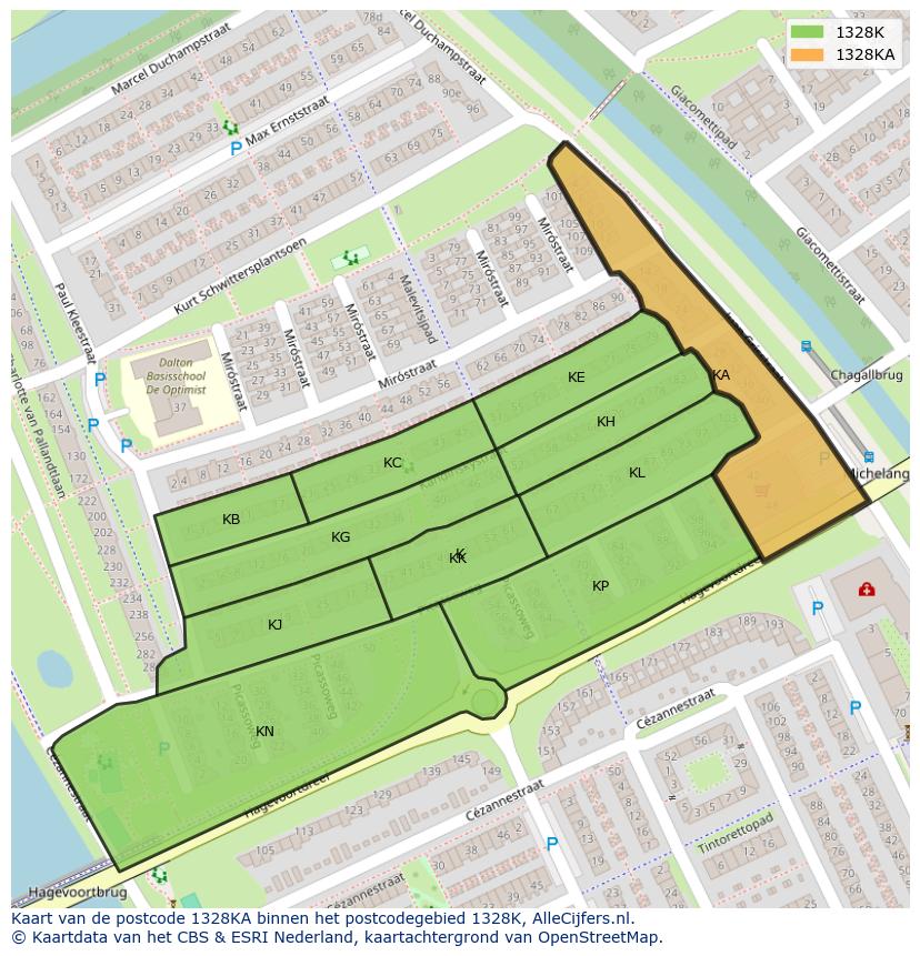 Afbeelding van het postcodegebied 1328 KA op de kaart.