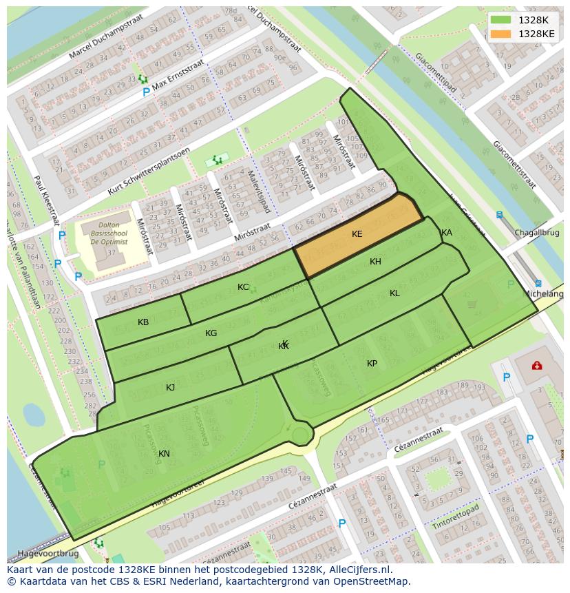 Afbeelding van het postcodegebied 1328 KE op de kaart.