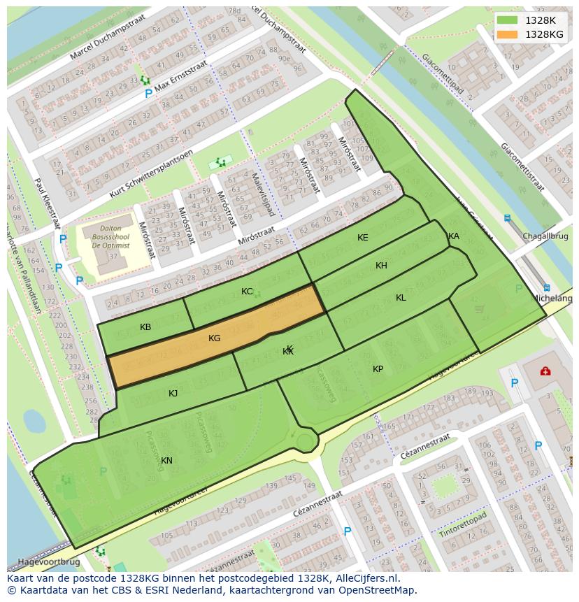 Afbeelding van het postcodegebied 1328 KG op de kaart.