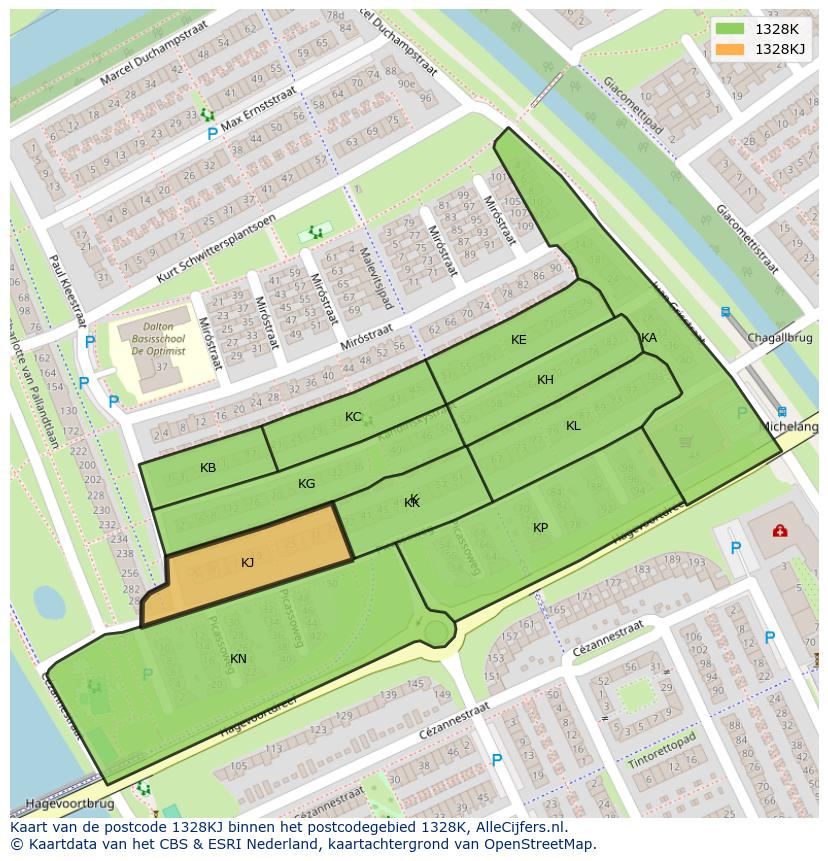 Afbeelding van het postcodegebied 1328 KJ op de kaart.
