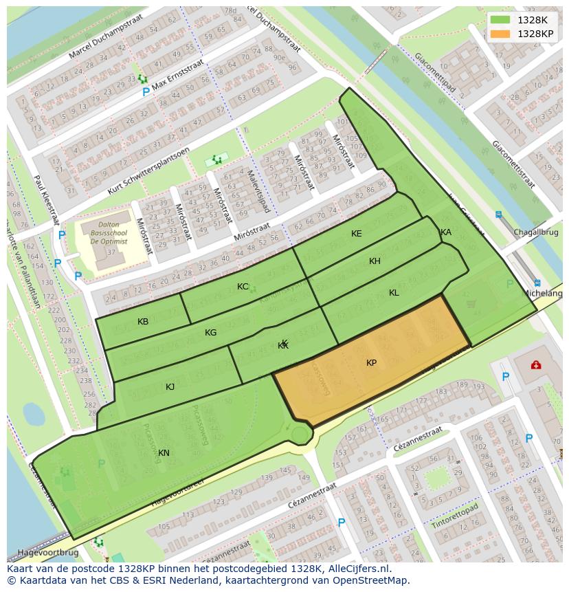 Afbeelding van het postcodegebied 1328 KP op de kaart.