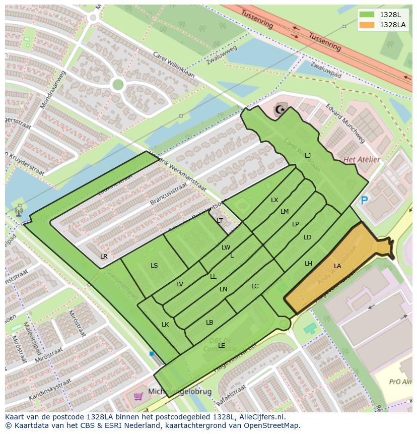 Afbeelding van het postcodegebied 1328 LA op de kaart.