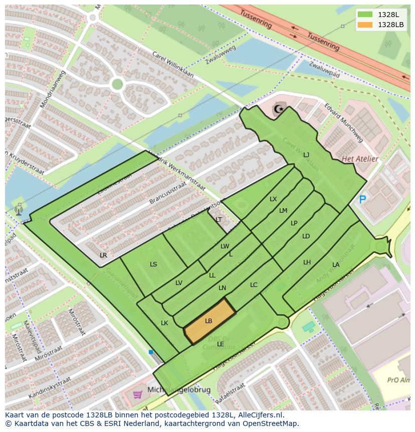 Afbeelding van het postcodegebied 1328 LB op de kaart.