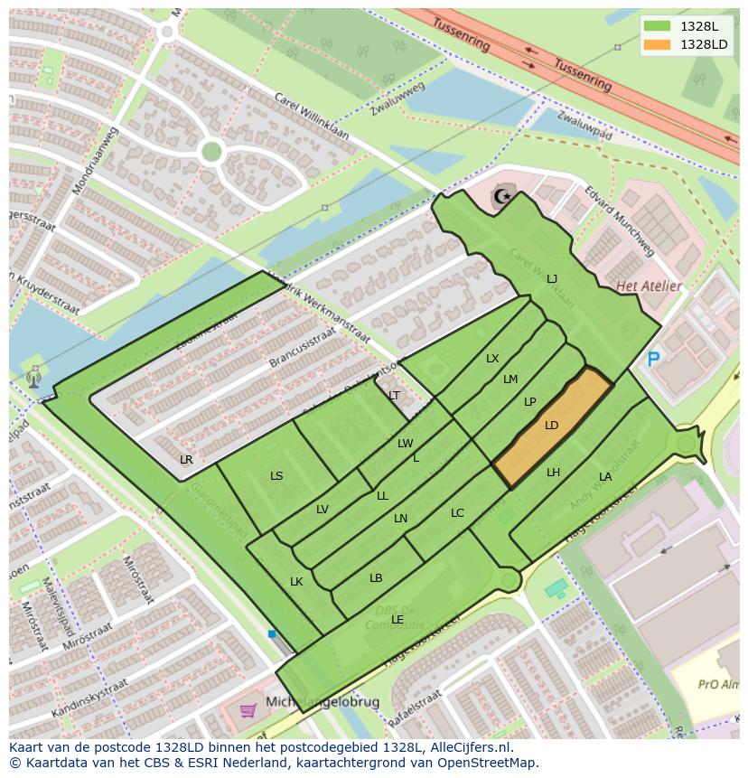Afbeelding van het postcodegebied 1328 LD op de kaart.