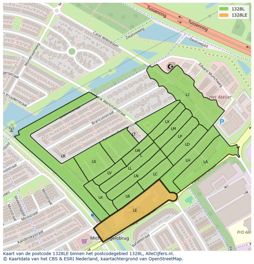 Afbeelding van het postcodegebied 1328 LE op de kaart.