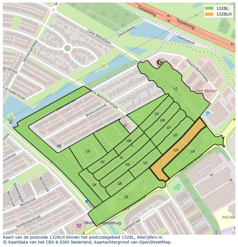 Afbeelding van het postcodegebied 1328 LH op de kaart.