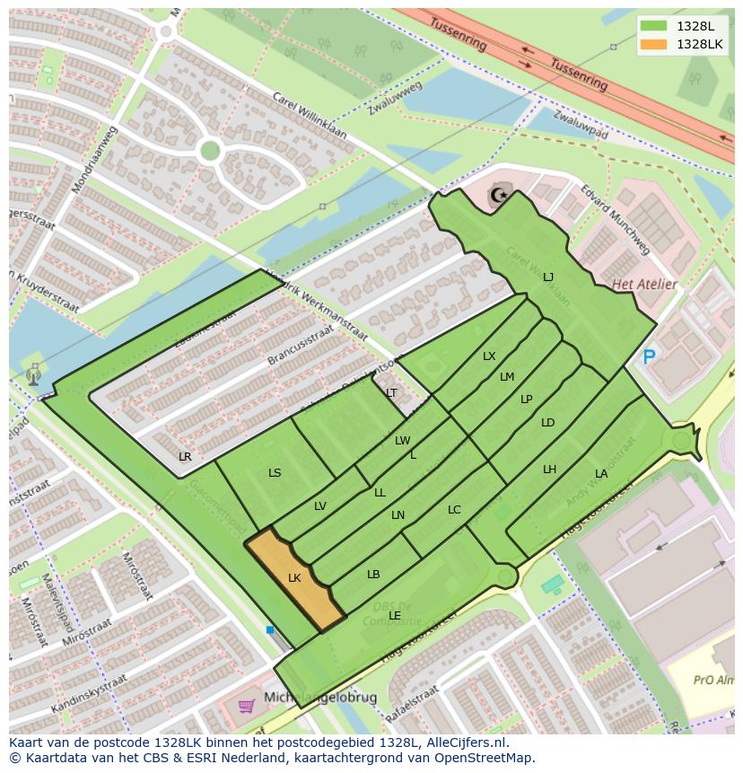 Afbeelding van het postcodegebied 1328 LK op de kaart.