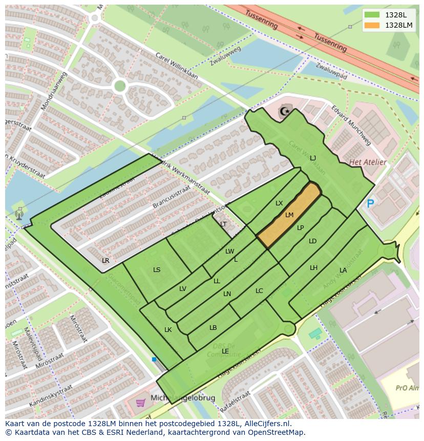 Afbeelding van het postcodegebied 1328 LM op de kaart.
