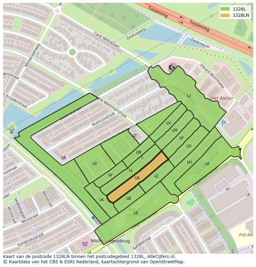 Afbeelding van het postcodegebied 1328 LN op de kaart.