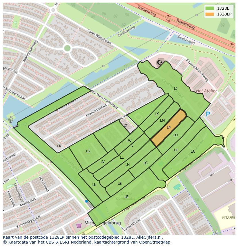Afbeelding van het postcodegebied 1328 LP op de kaart.