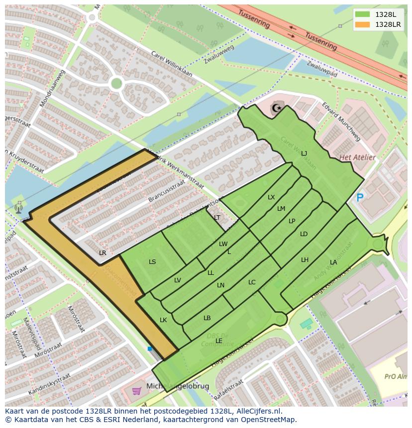 Afbeelding van het postcodegebied 1328 LR op de kaart.