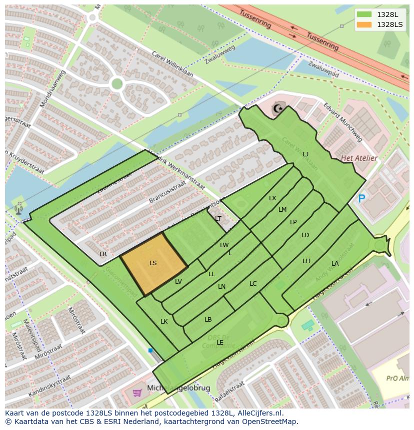 Afbeelding van het postcodegebied 1328 LS op de kaart.