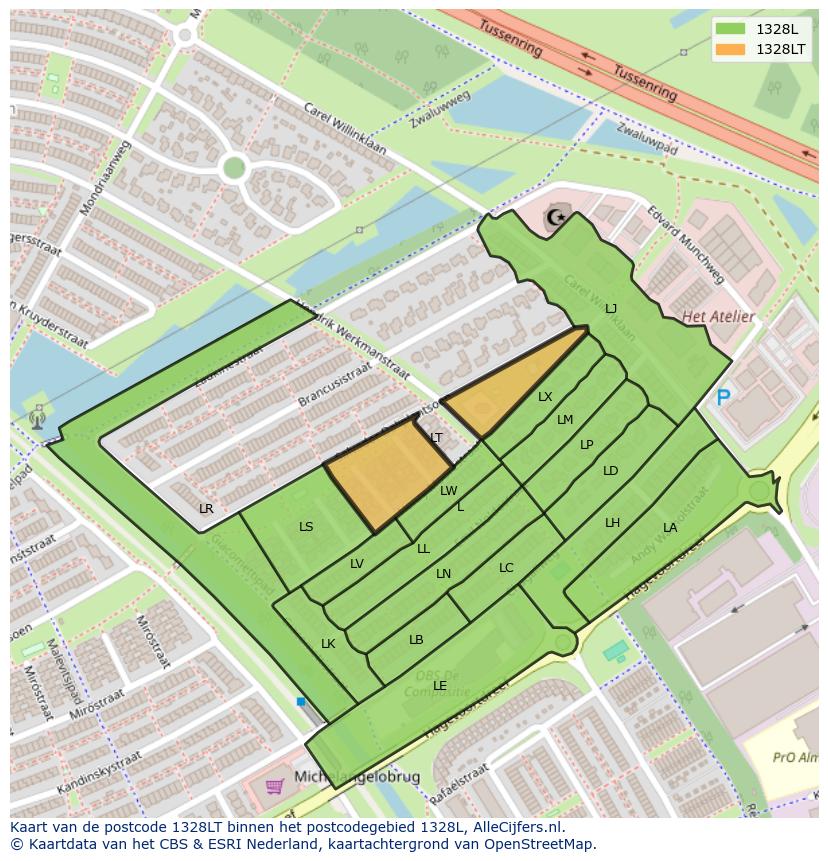 Afbeelding van het postcodegebied 1328 LT op de kaart.