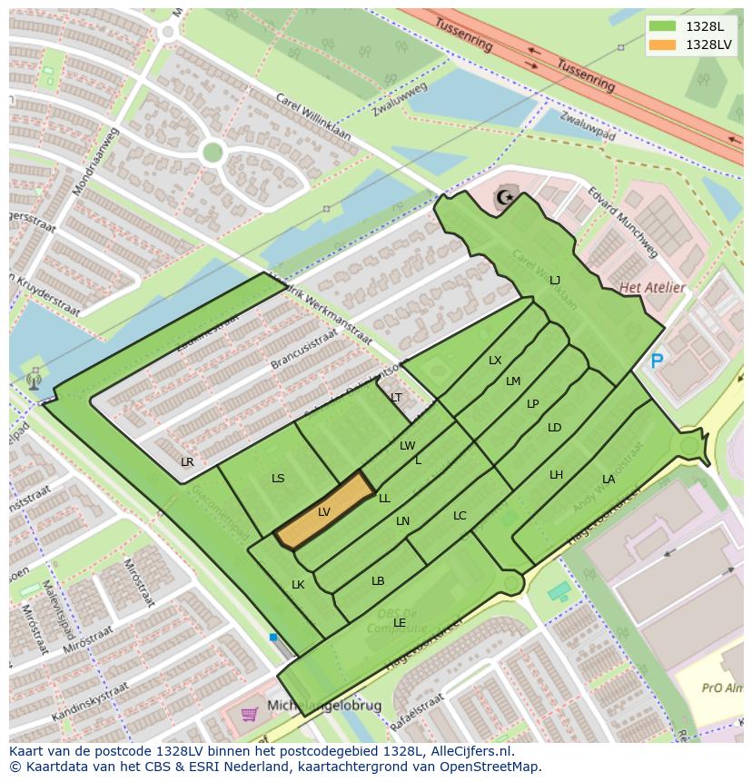 Afbeelding van het postcodegebied 1328 LV op de kaart.
