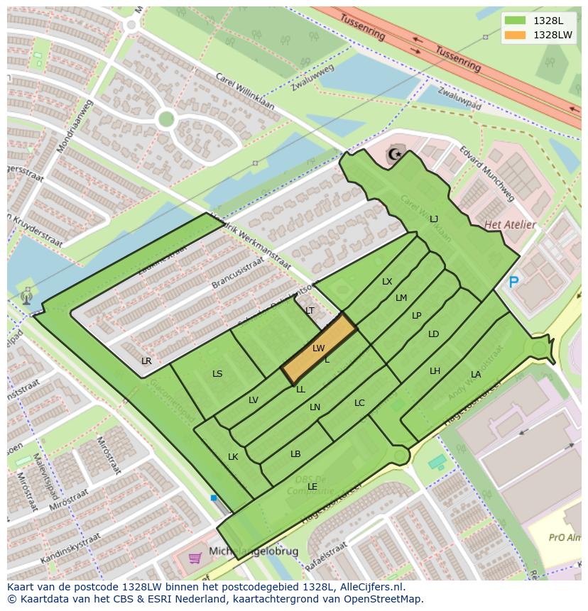 Afbeelding van het postcodegebied 1328 LW op de kaart.