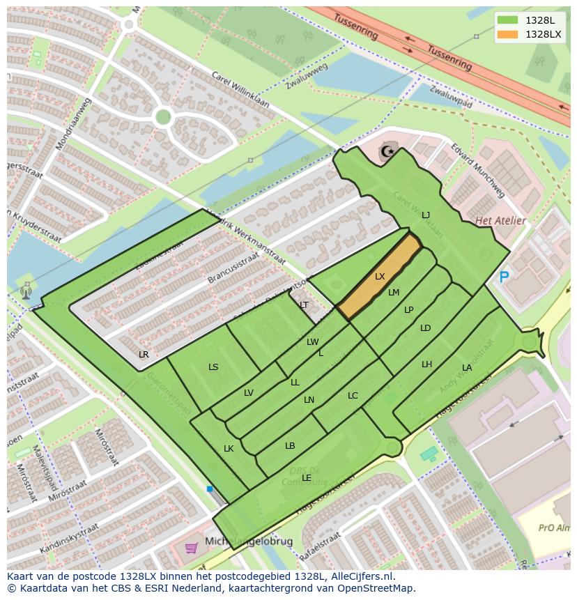 Afbeelding van het postcodegebied 1328 LX op de kaart.