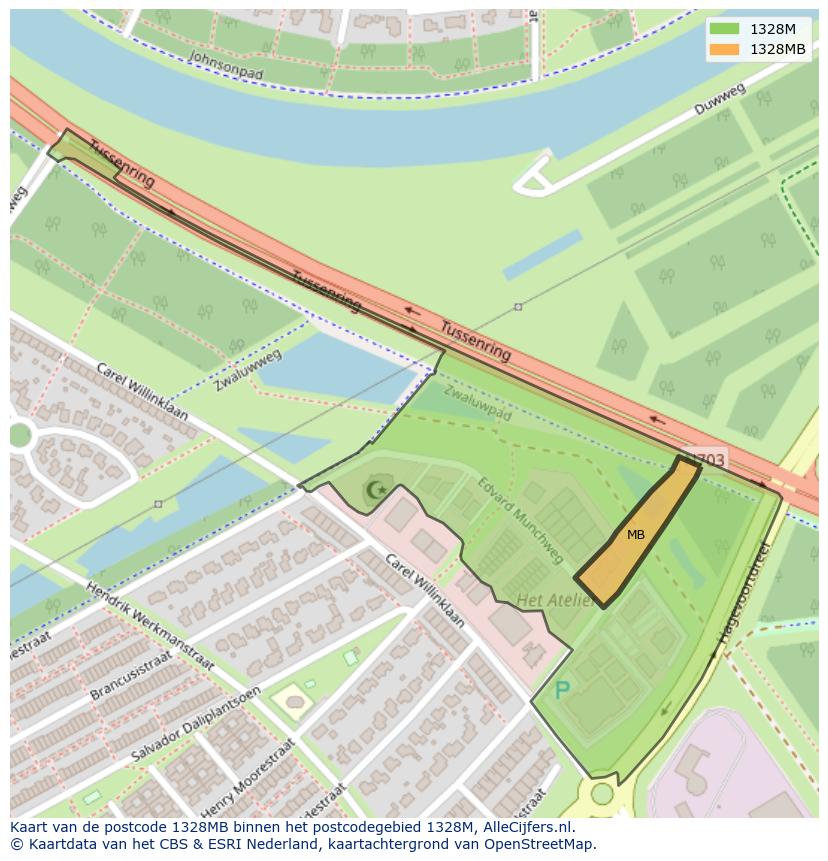 Afbeelding van het postcodegebied 1328 MB op de kaart.