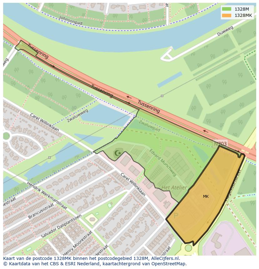 Afbeelding van het postcodegebied 1328 MK op de kaart.