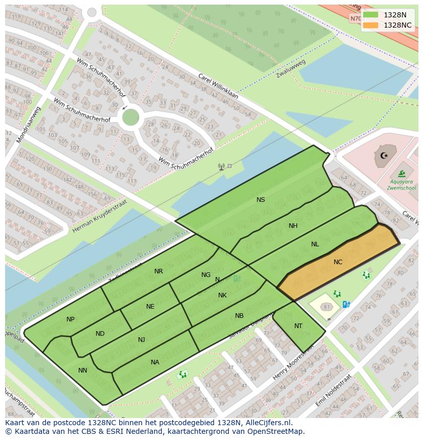 Afbeelding van het postcodegebied 1328 NC op de kaart.