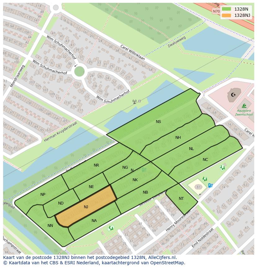 Afbeelding van het postcodegebied 1328 NJ op de kaart.