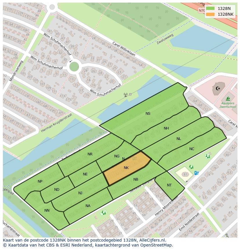 Afbeelding van het postcodegebied 1328 NK op de kaart.